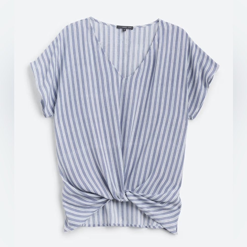 West Kei Blue & White Striped Tie-Front V-Neck Blouse